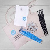 Товары для конференции выставки с логотипом HP: сумки, майки, ланъярды