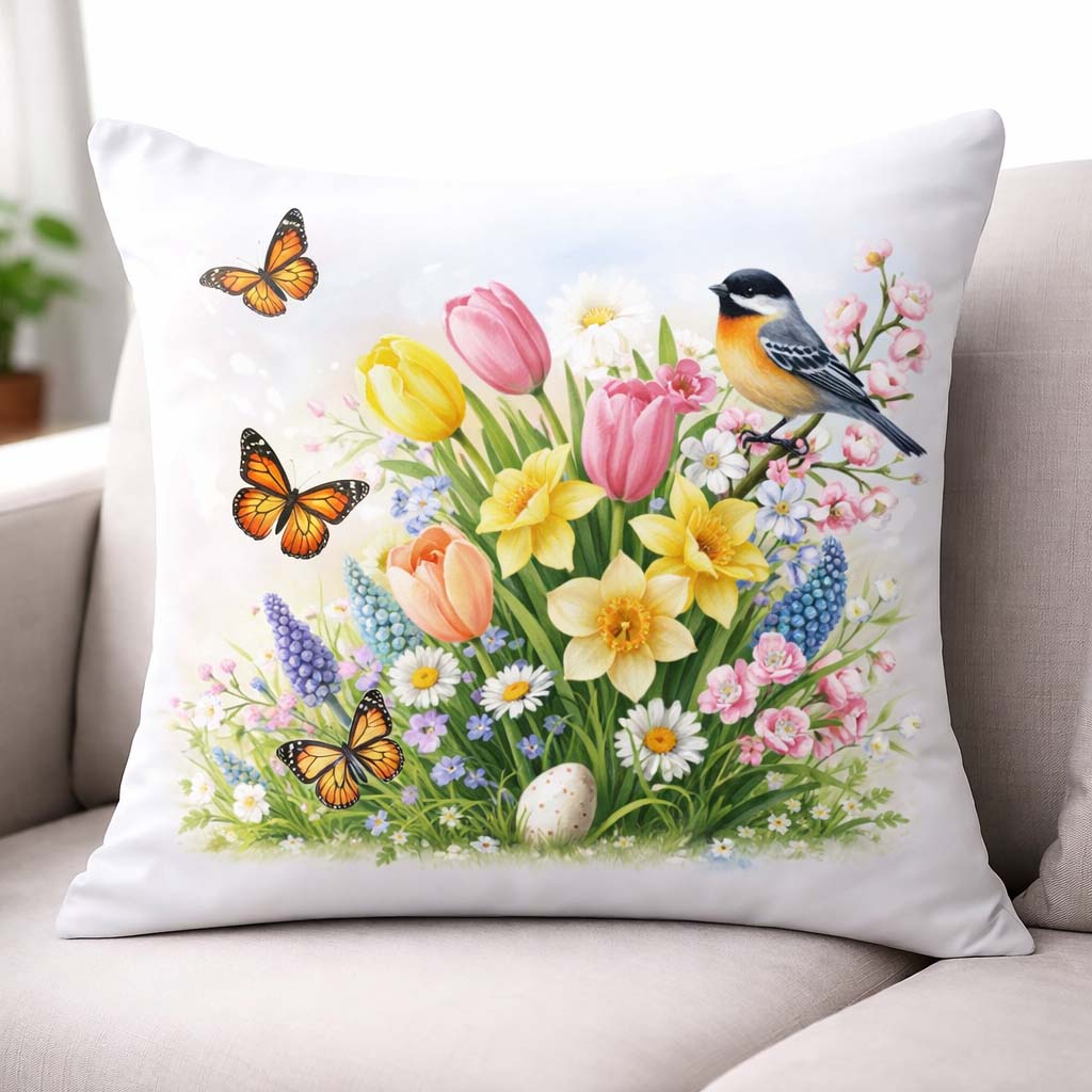 подушка с бабочкой и птичкой